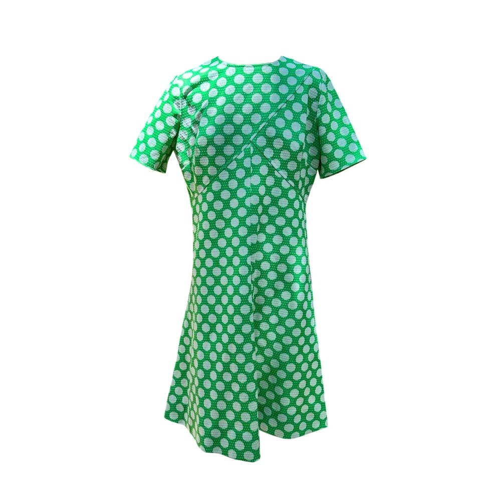 Vintage 60s/70s MOD Shift Dress Sz Lrg/Med A-line Green Polka Dot Short Sleeve